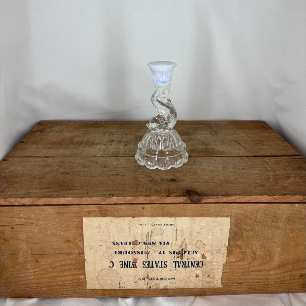 1890's Northwood Glass Opalescent Petticoat Dolphin Candlestick